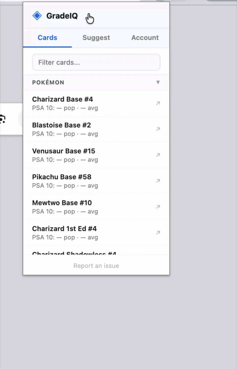 GradeIQ extension popup showing tracked cards list